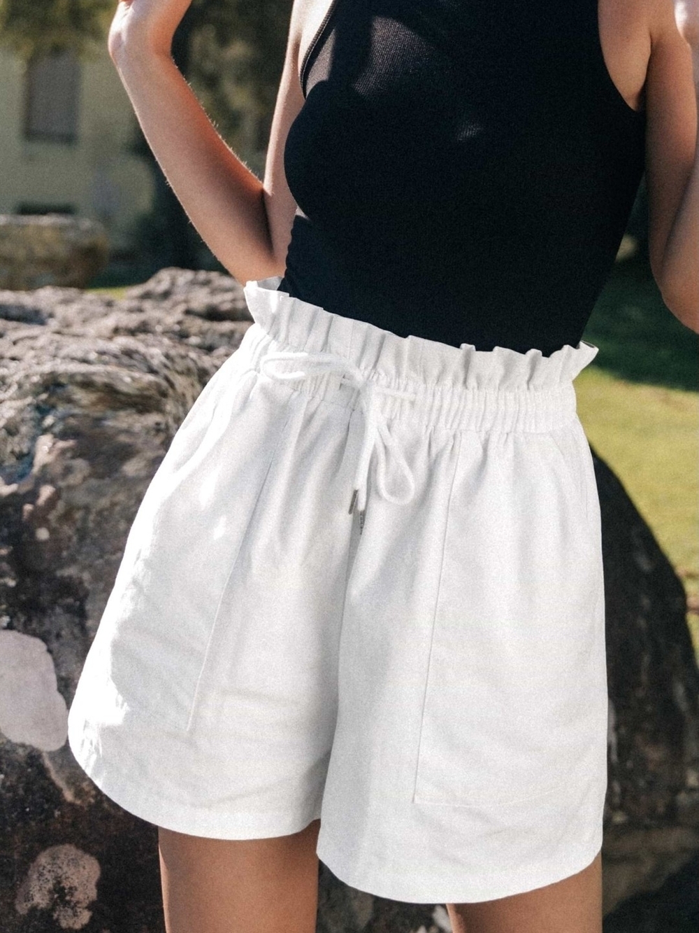 Women's White Paperbag Waist Shorts